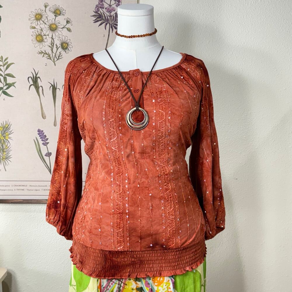Vintage Y2k Orange Sequin Embroidered Top Fairy Grunge Boho Hippie Bohemian L